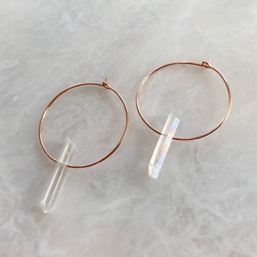 Rose Gold Raw Aura Quartz Crystal Hoop Earrings